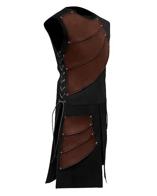 Black sleeveless vest with brown PU leather armour panels, metal rivets, and adjustable side lacing.
