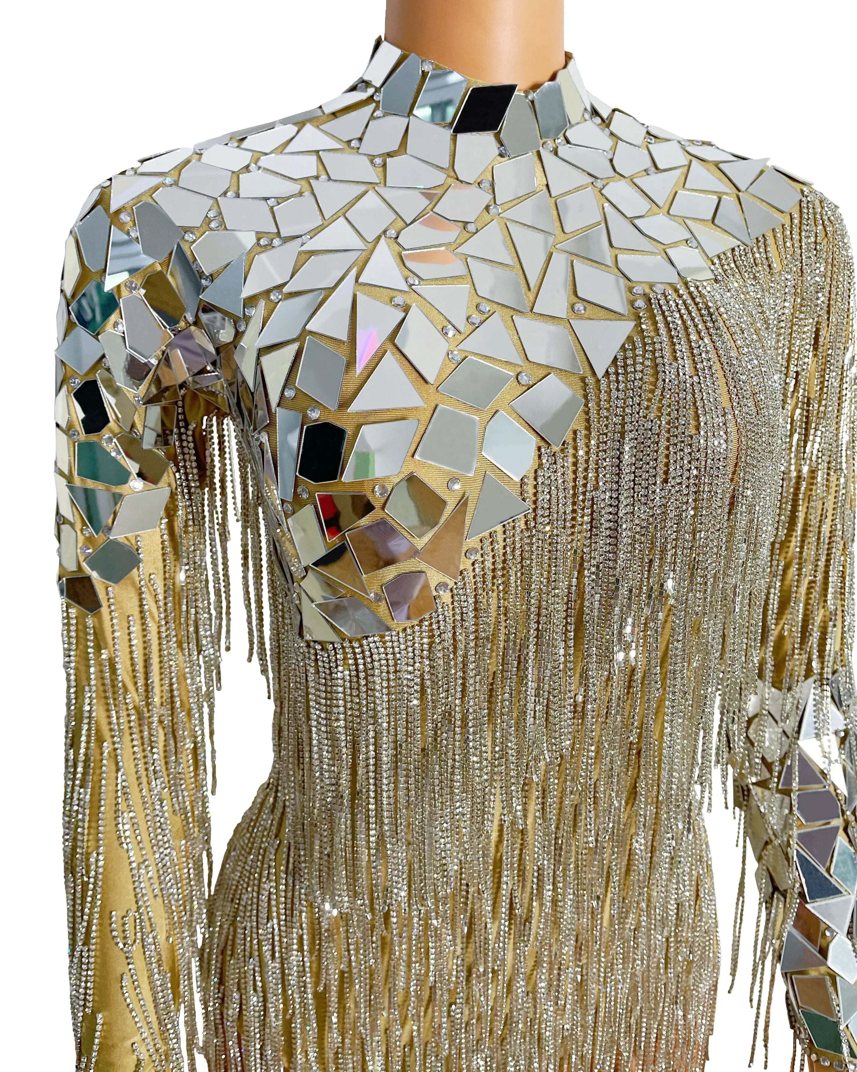 Mirror Rhinestone Chain Backless Bodysuit