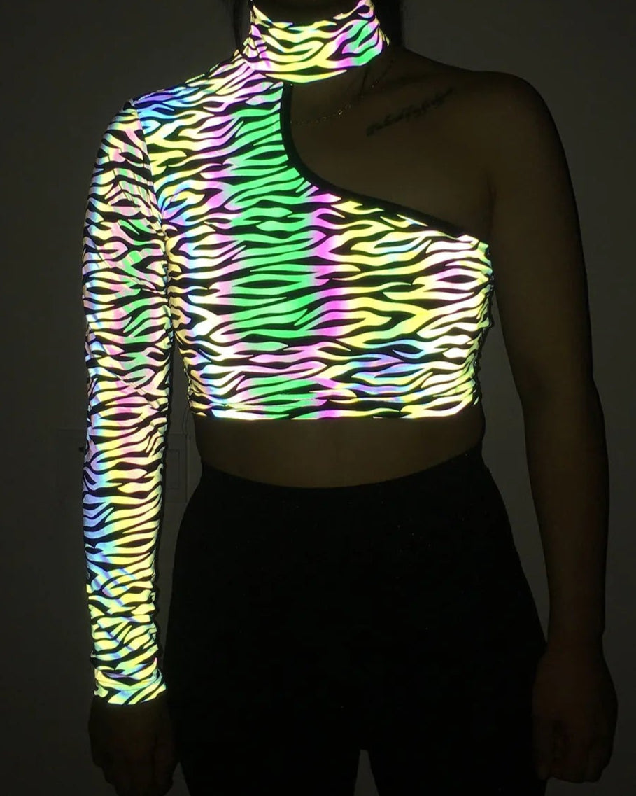 Holographic Reflective One Shoulder Crop Top