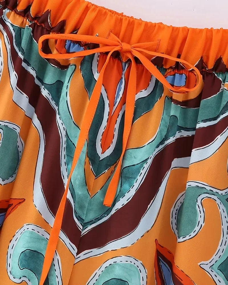 orange blue green Boho Style Set print dress Strapless Lace-up Top High Waist Straight Long Pants Fashion Festival Outfits Concert Rave Party