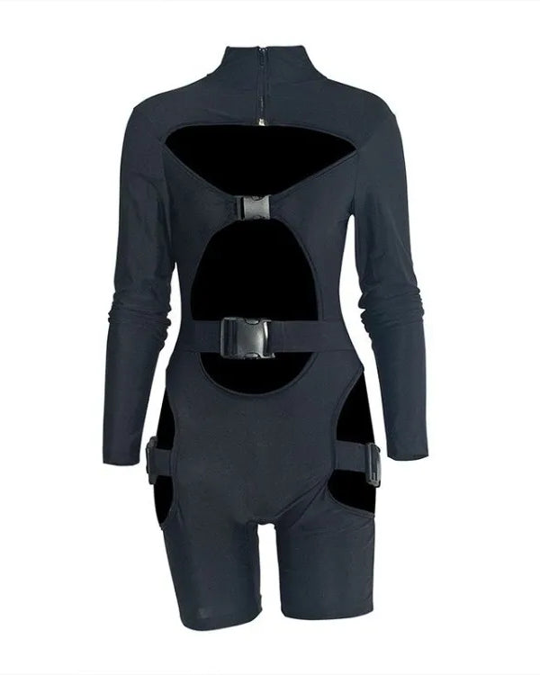 Black Hollow Strap Romper Bodysuit