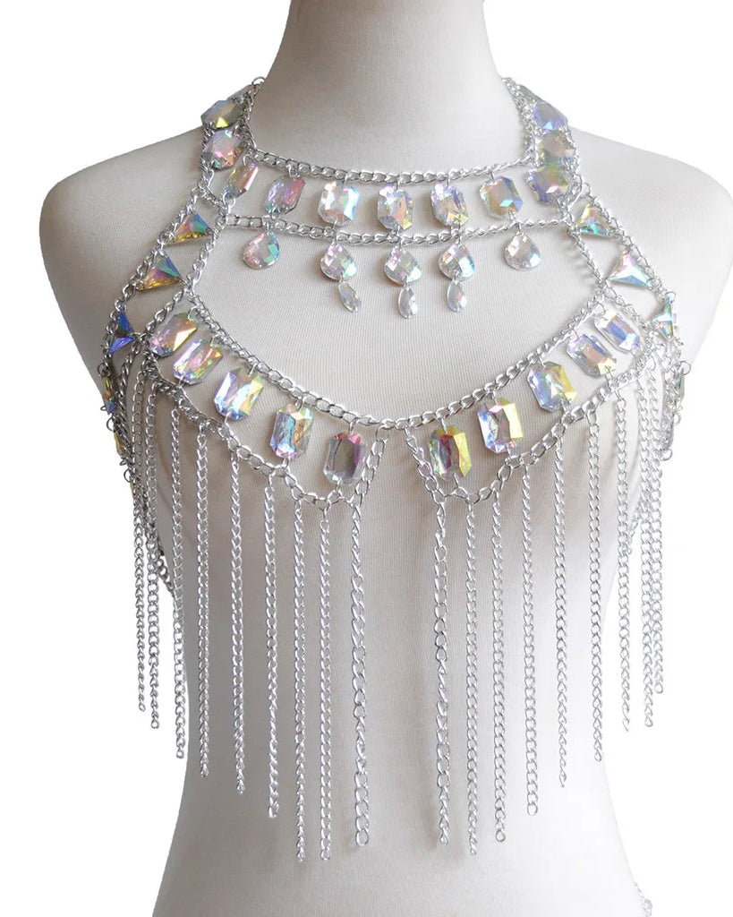 silver Women Boho style Shiny Acrylic Crystal Festival outfit Tank Top Halter Patchwork Gem Sequins Cami Crop Top