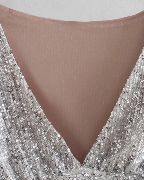 Grey Silver Long Sleeve Sequin Top Festival outfit Rave wear