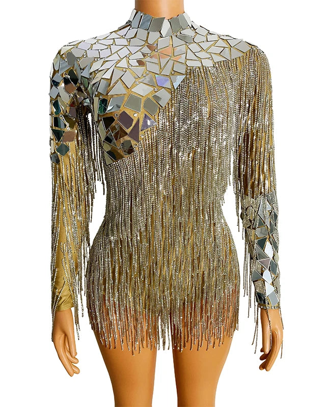 Mirror Rhinestone Chain Backless Bodysuit