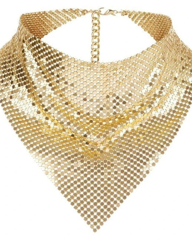 Gold liquid metal mesh scarf with a triangular bib drape and adjustable chain closure.