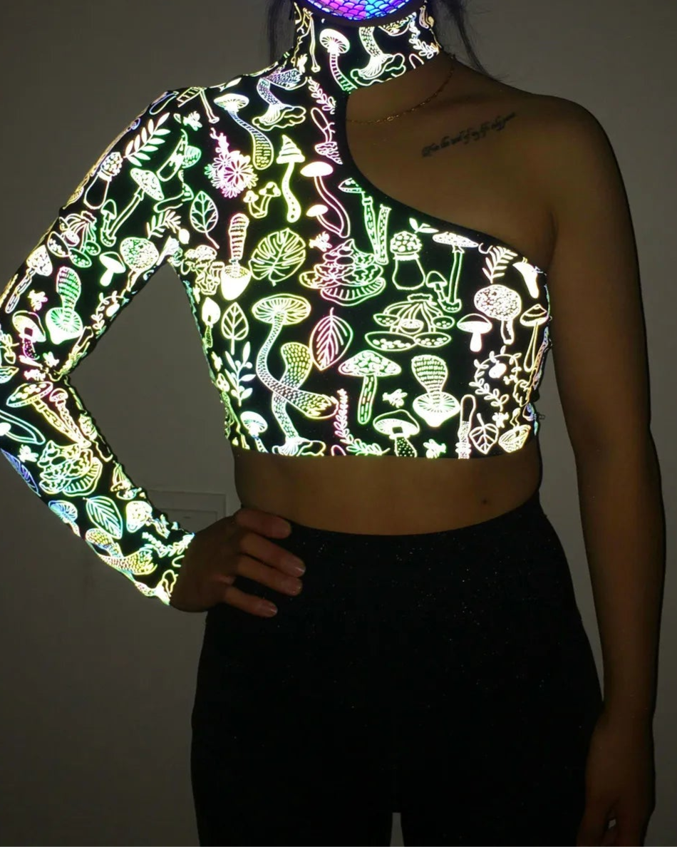 Holographic Reflective One Shoulder Crop Top