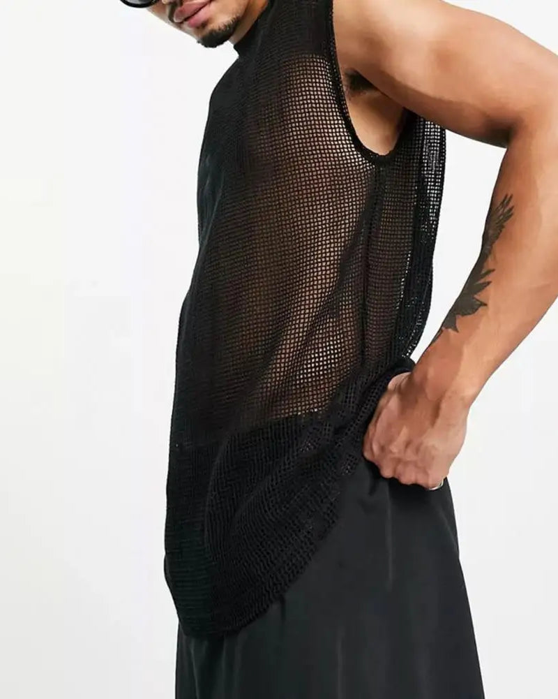 black Men's Mesh See-Through Sleeveless Loose Shirt