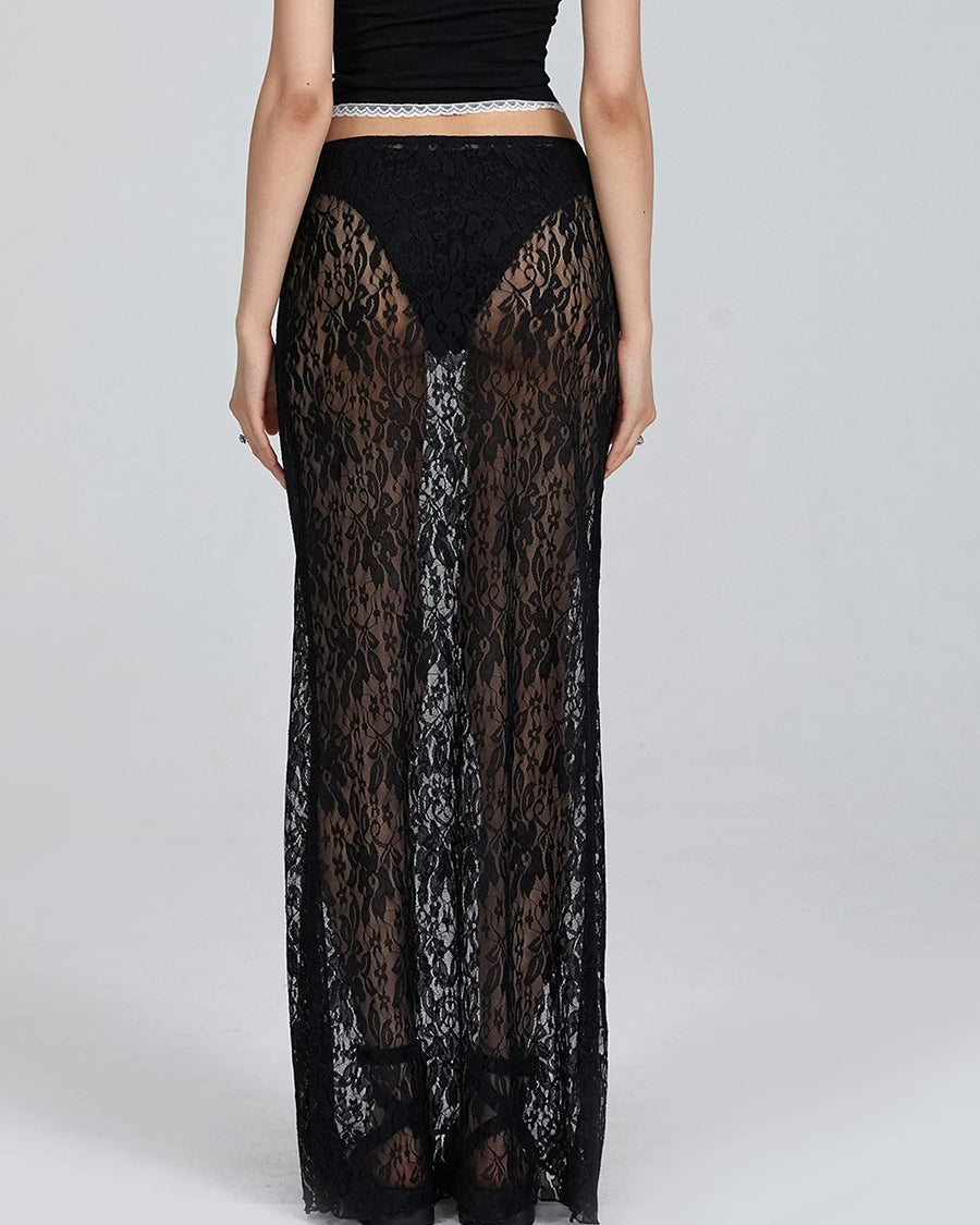 Black Sheer Lace Long Skirt