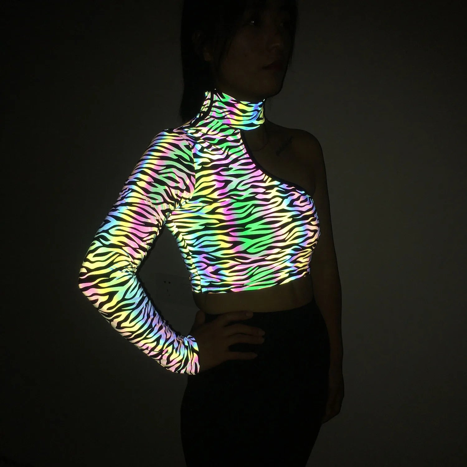 Holographic Reflective One Shoulder Crop Top