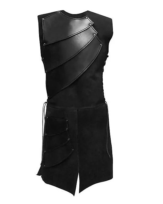 Black sleeveless steampunk armor vest with diagonal PU leather panels, metal rivets, and side lacing.