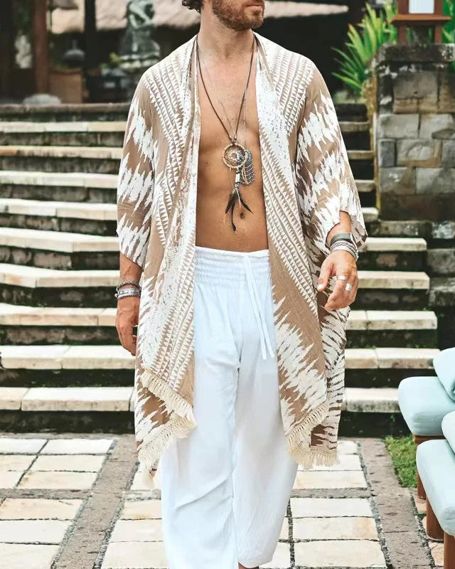 Tulum Sand Fringe Kimono: unisex rayon kimono with warm sand and white stripe pattern, fringe, and three-quarter sleeves.