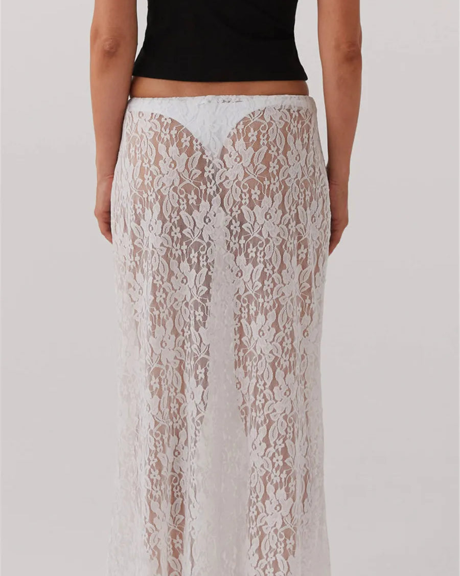 White Sheer Lace Long Skirt