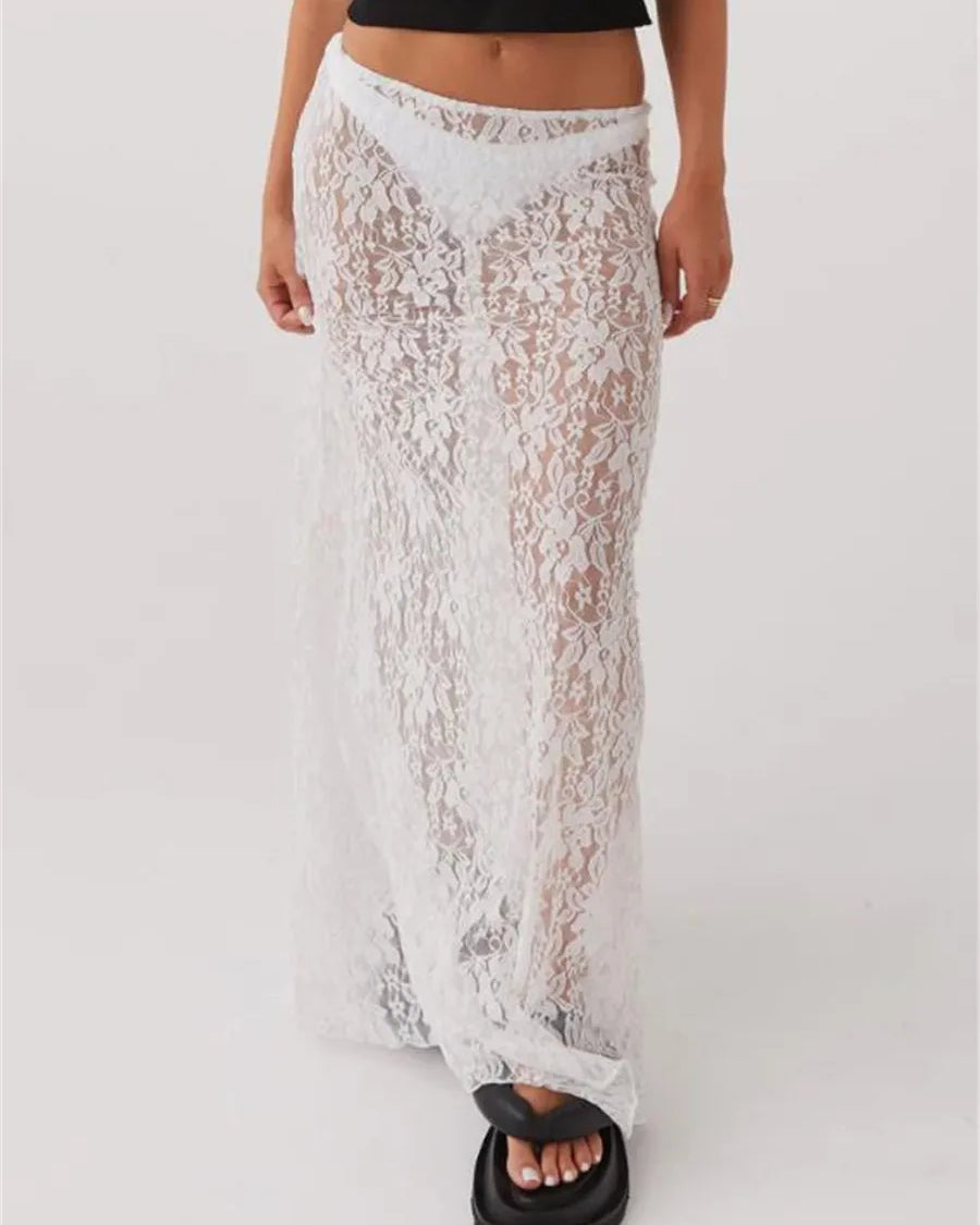 White Sheer Lace Long Skirt