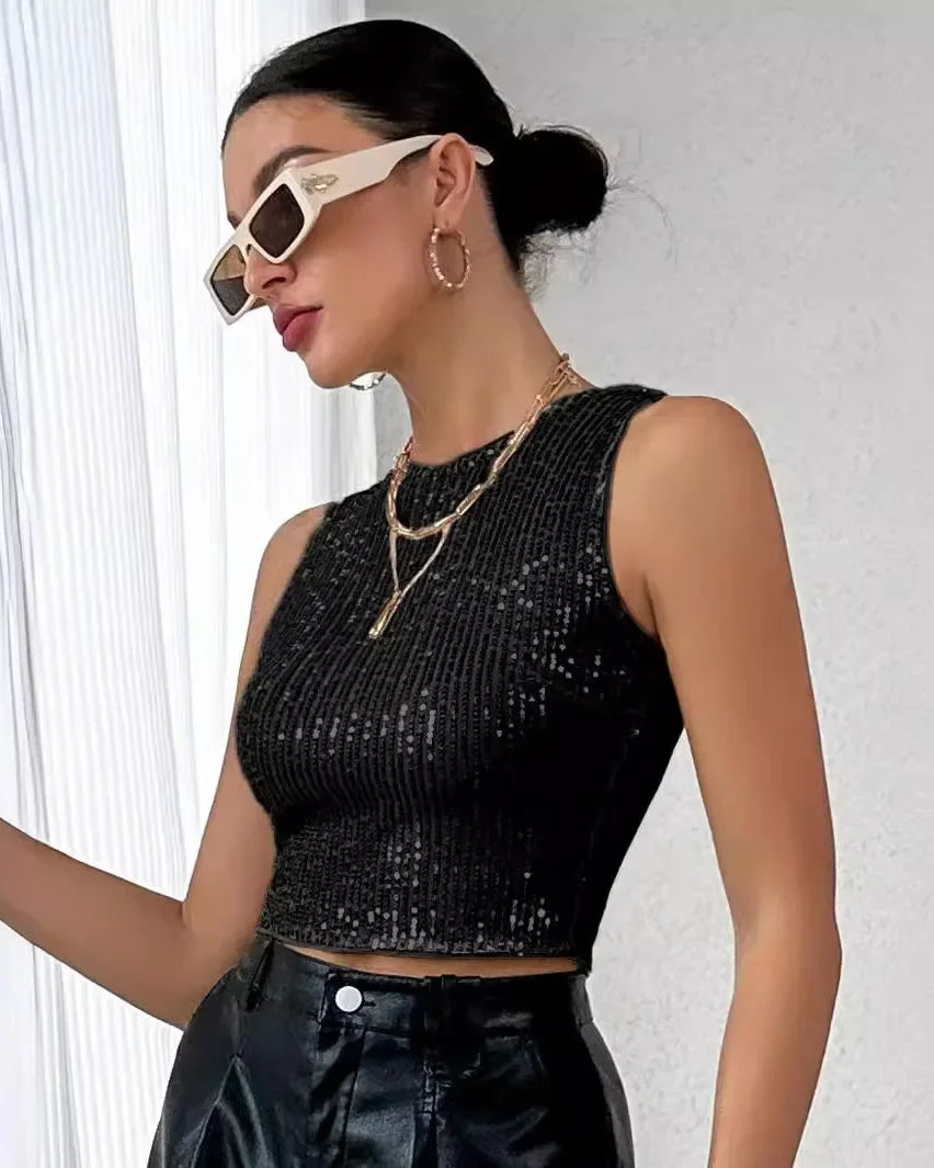 Black Sequin Crop Top