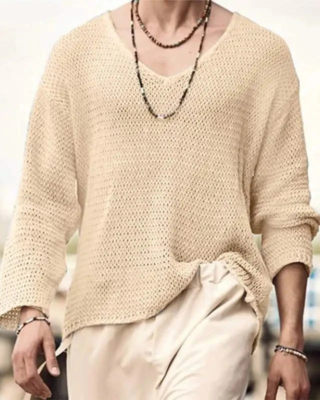 Boho Style Long Sleeve Thin Knitted Sweater Top Knit Pullover See Through festival outfit fashion beige