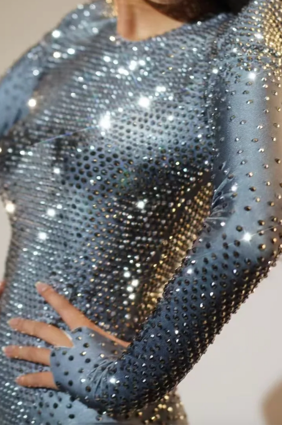Silver Rhinestone Long-Sleeve Bodysuit