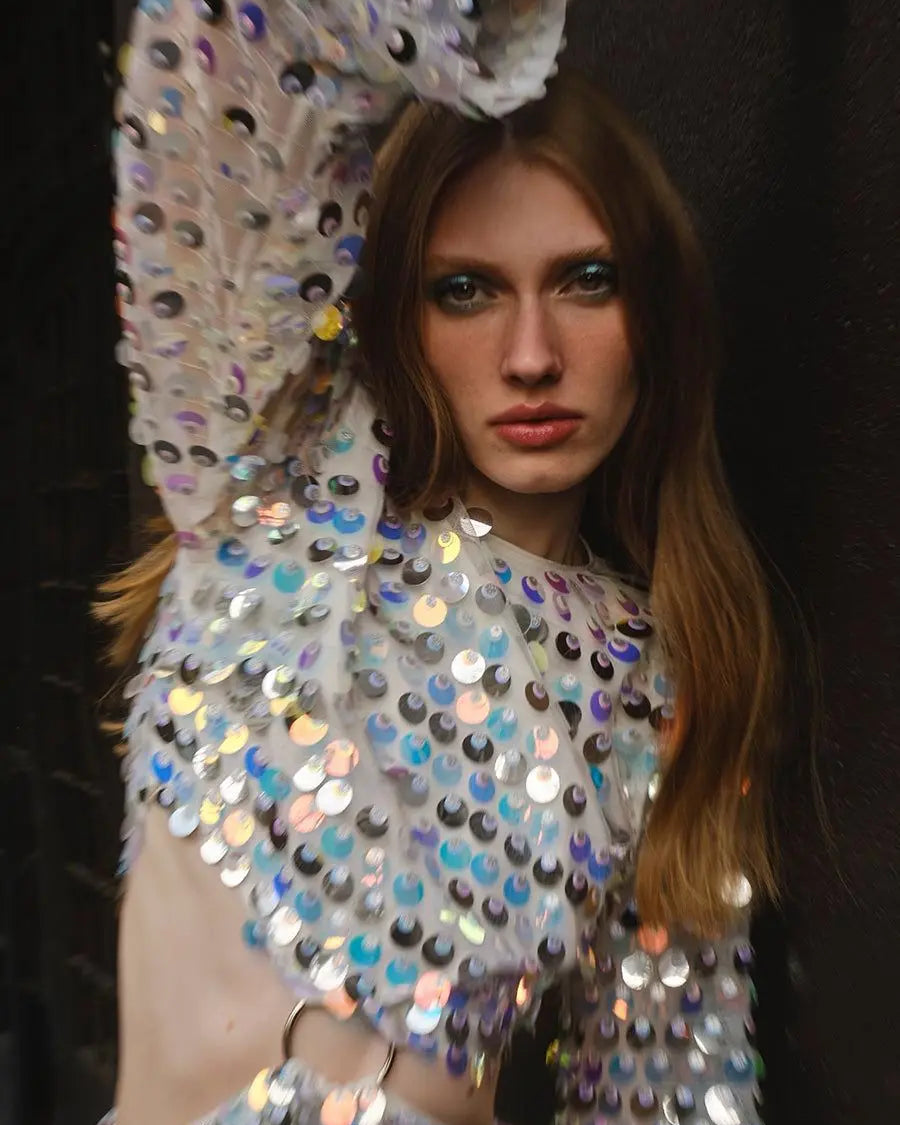 White Sequins Hollow Out Mini Dress