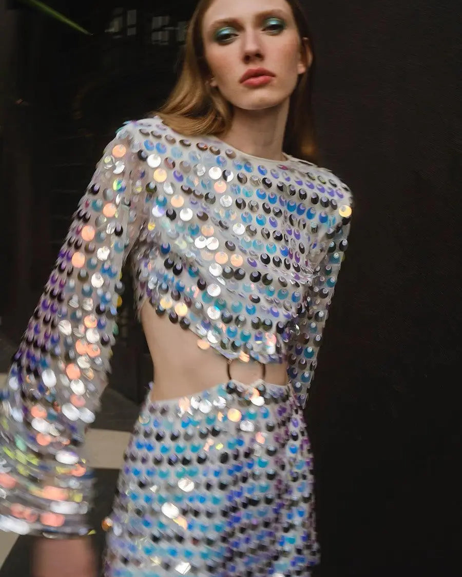 White Sequins Hollow Out Mini Dress