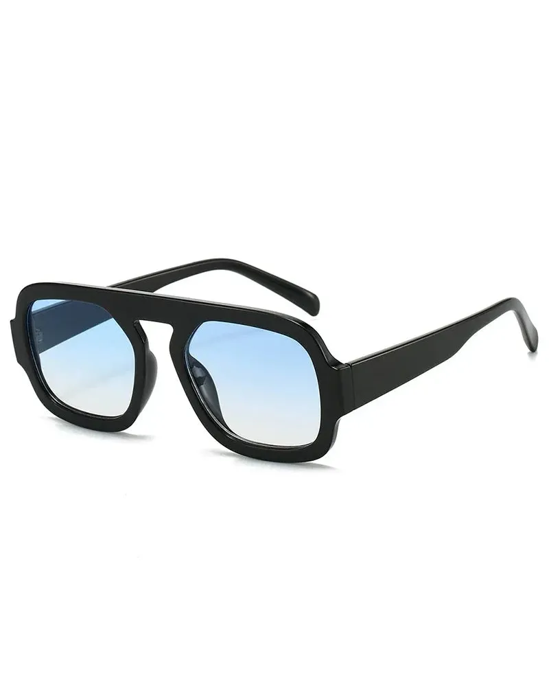 Brussels retro square sunglasses featuring a black polycarbonate frame and blue gradient resin lenses.