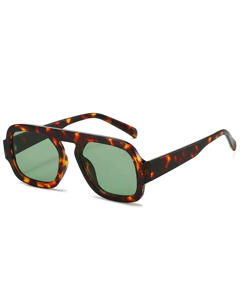 Brussels retro square sunglasses featuring a tortoiseshell polycarbonate frame and green UV-400 resin lenses.