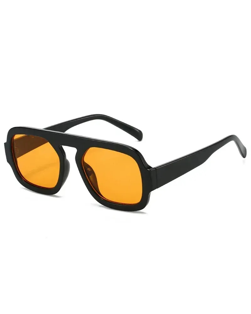 Unisex Brussels retro square sunglasses featuring a black polycarbonate frame and vibrant orange resin lenses.