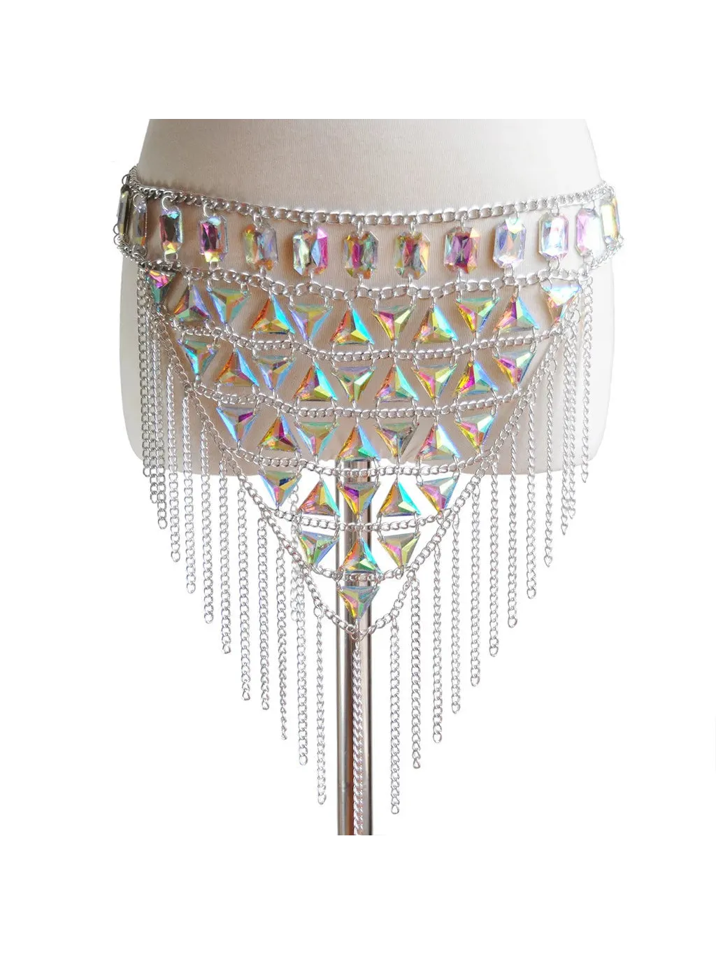 Ensemble haut et jupe en pierres acryliques avec une mini jupe ornée d'une chaîne irisée et de pierres pour les fêtes rave.