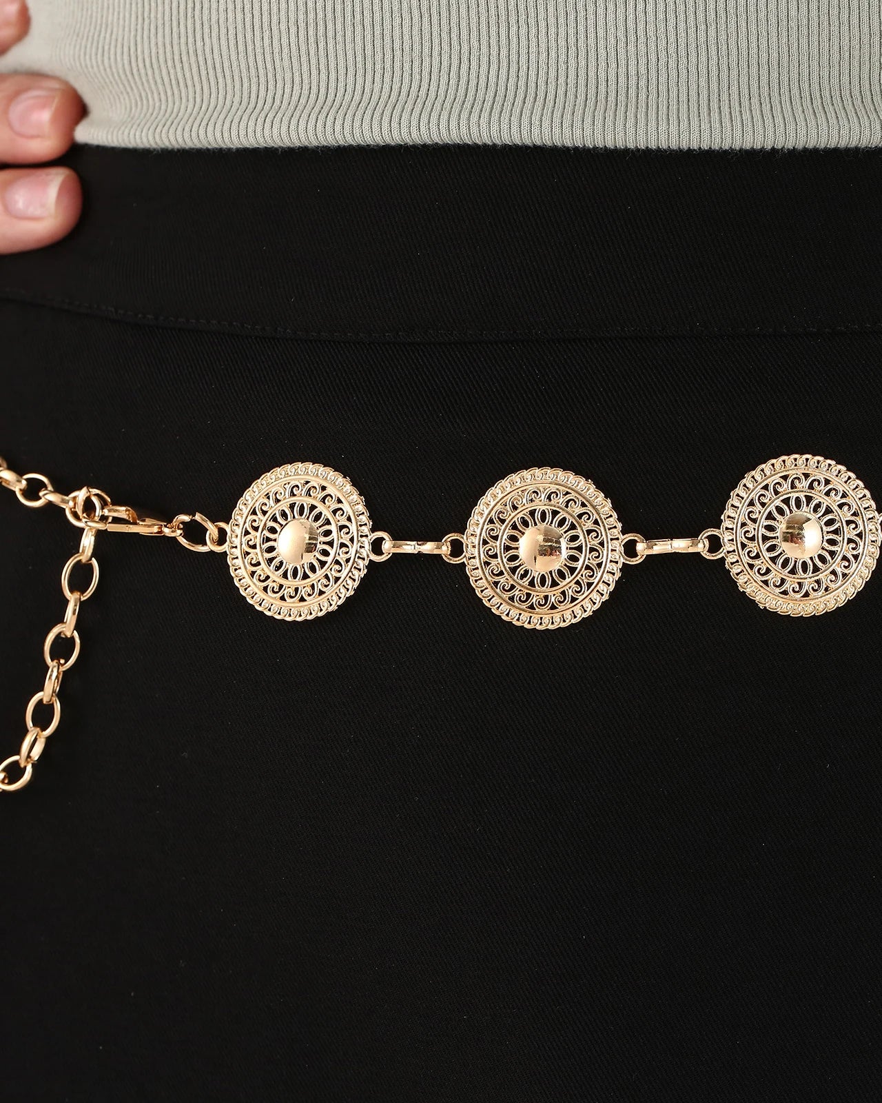 Gold Adjustable Buckle Long Waist Belt Dress Body Chain Carved Metal Ring festival outfit fashion