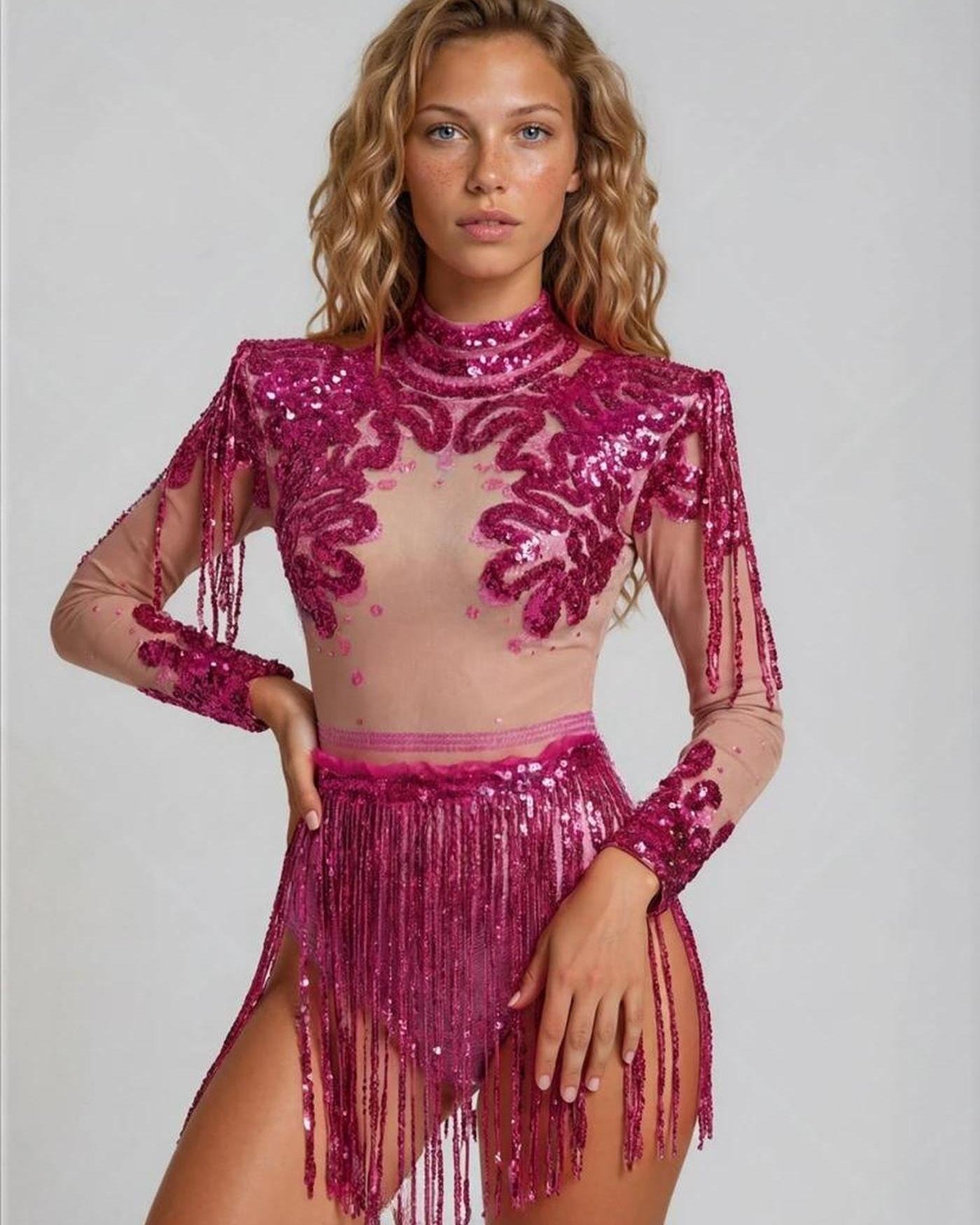 Alessia Rose sequin bodysuit with fringe skirt, featuring a mock-neck and structured shoulders.