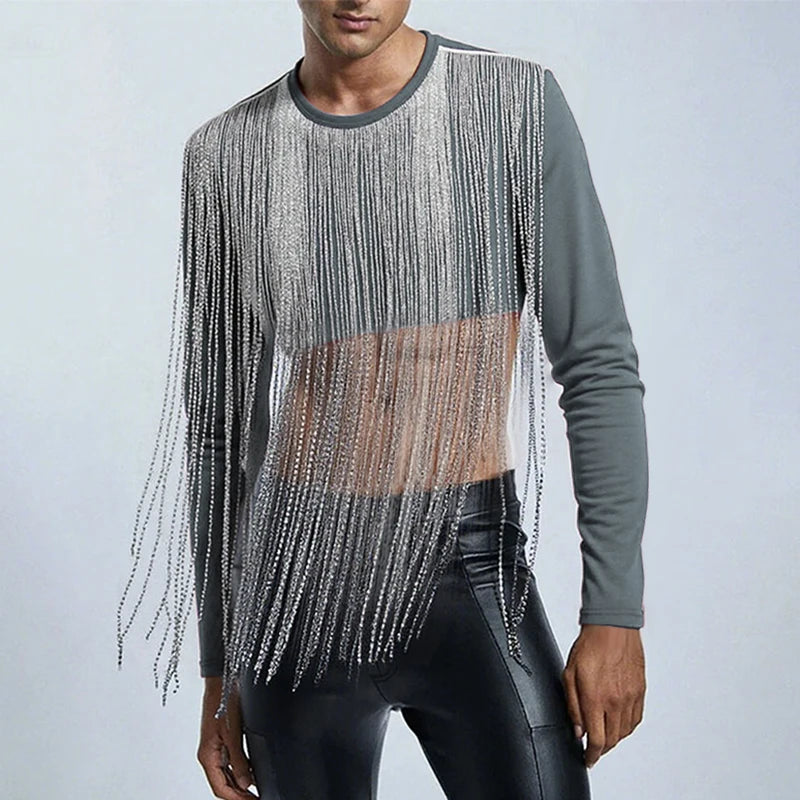 tassel fringe crop top grey full-shot with cascading fringe details and form-fitting silhouette