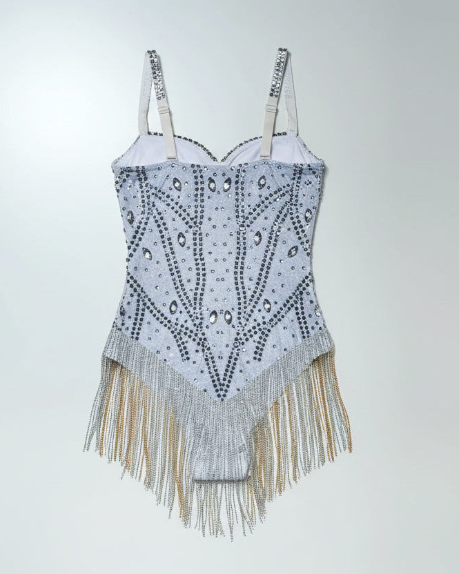 back-view rhinestone tassel bodysuit with silver rhinestones and playful tassels