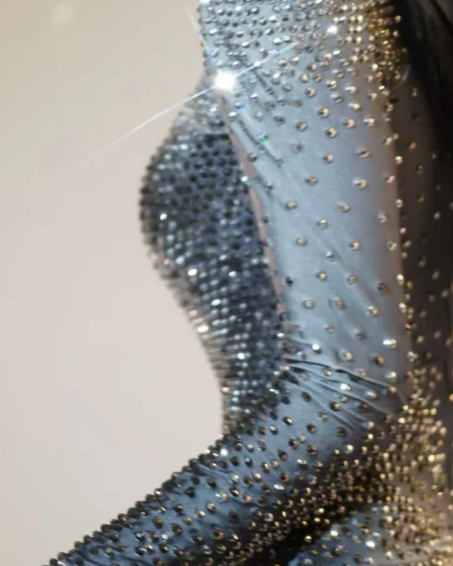 Body à manches longues en strass argentés