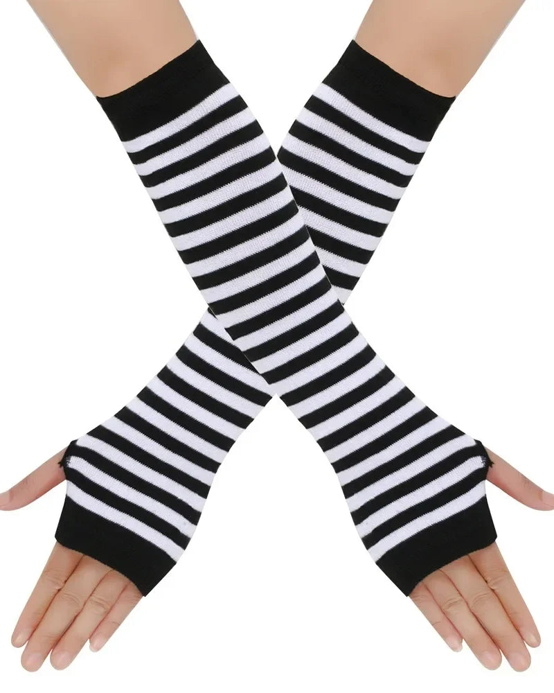 Black and White Long Fingerless Knit Gloves