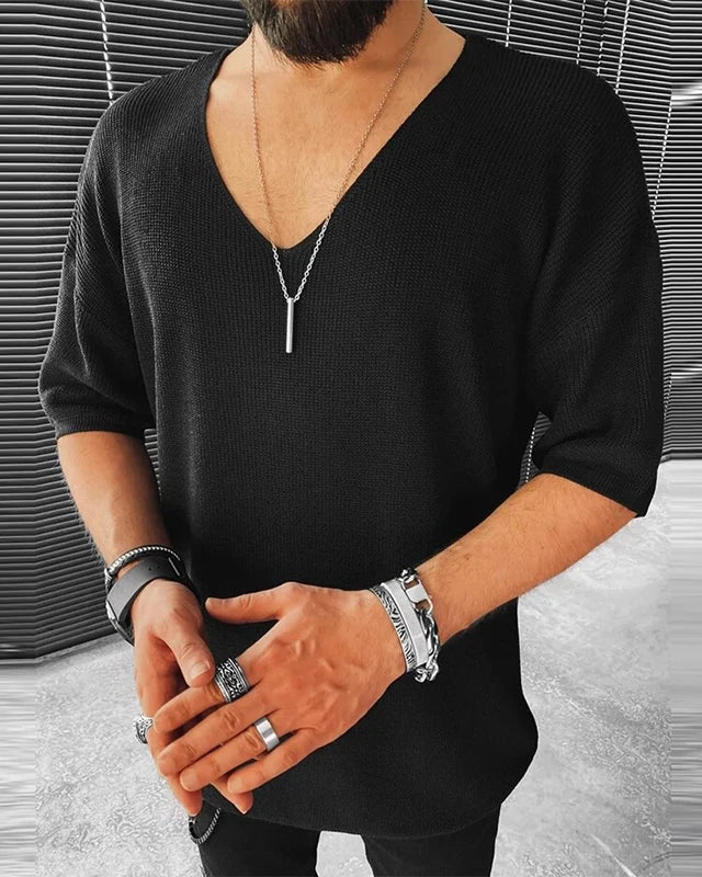 Black Casual V-Neck Knitted Sweater