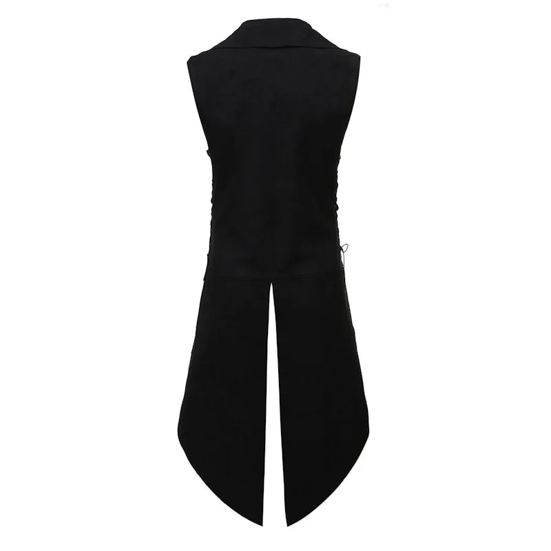 back-view black cosplay vest top with faux leather and polyester material