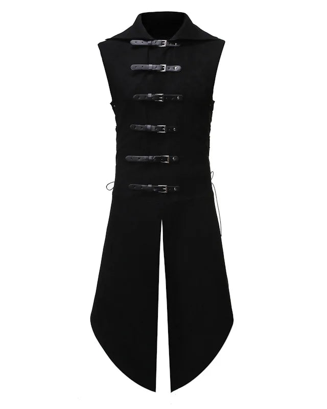 Haut gilet cosplay noir avec boucles, parfait pour les tenues rave masculines et les tenues de festival, fabriqué en polyester et simili cuir.
