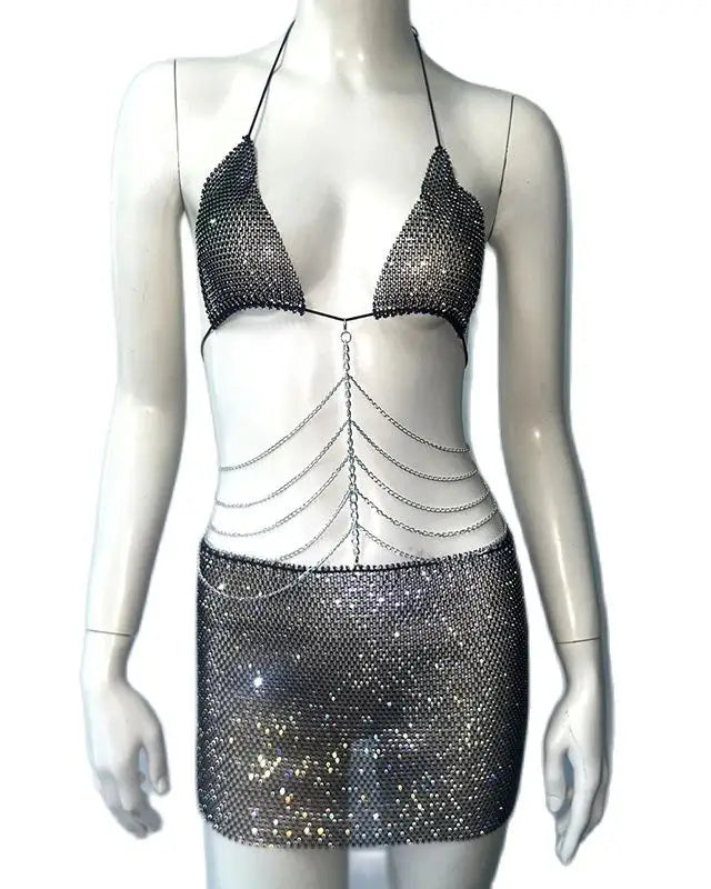 Black Diamond Fishnet Skirt Set with Chain Tassel