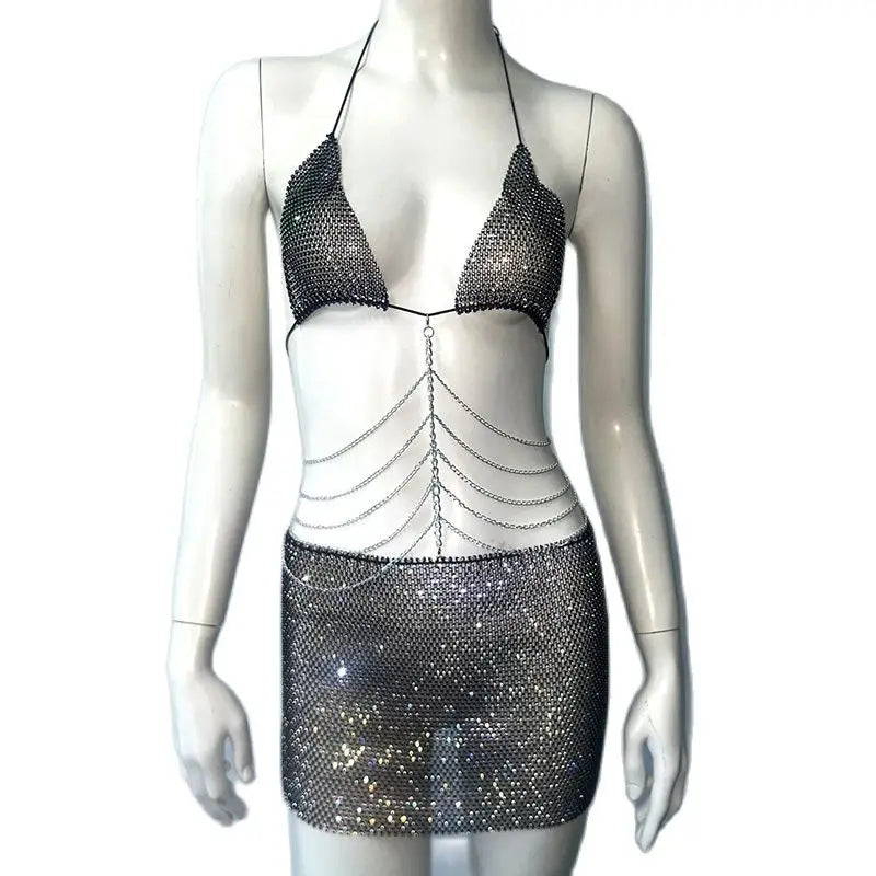 Black Diamond Fishnet Skirt Set with Chain Tassel
