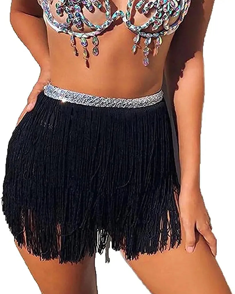 Fringe Sparkle Skirt with shiny sequins and fringe detailing, perfect for festivals and rave wear.