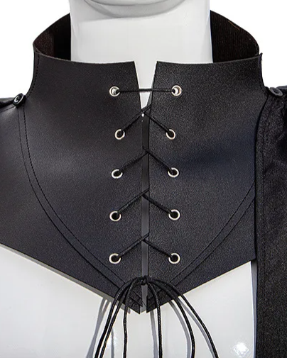 Close-up of Black Gothic SteamPunk Cape, featuring a laced neckline and flowing fabric, ideal for bold fashion.