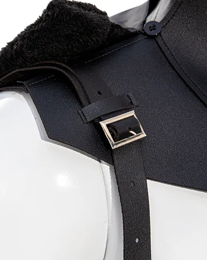 Close-up of the Black Gothic SteamPunk Cape showcasing the strap and buckle detail for a dramatic look.