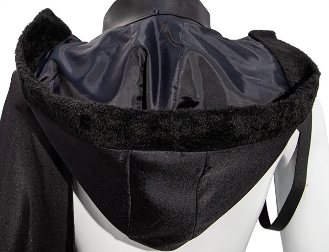 Back view of the Black Gothic SteamPunk Cape showcasing black plush-lined collar detail.