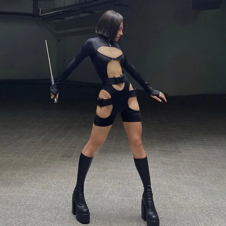 Black Hollow Strap Romper Bodysuit