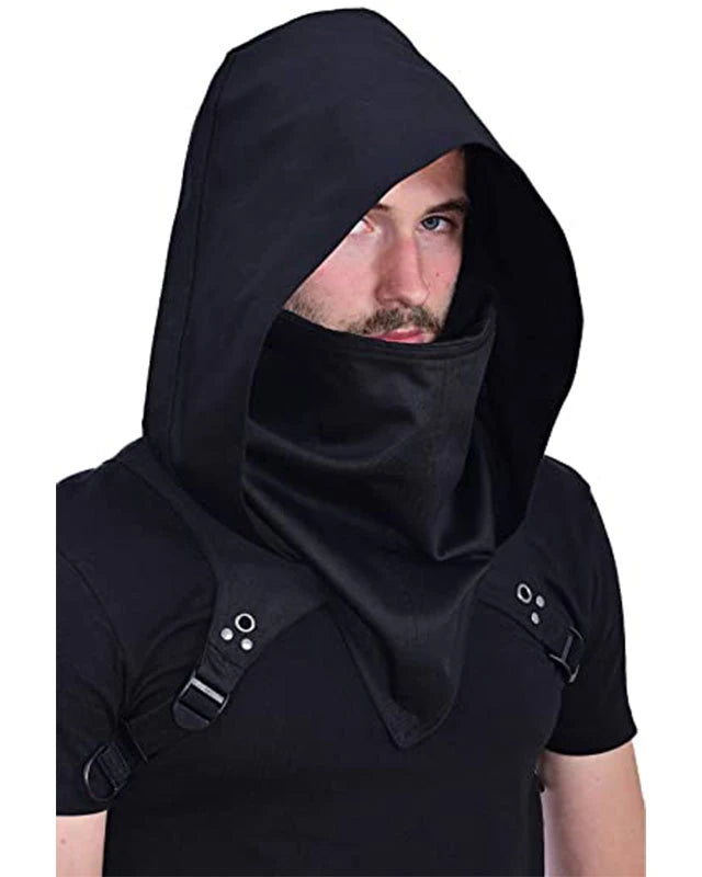 Hooded Cloak Cape Cowl worn by a model, featuring a large hood and face covering in black fabric.