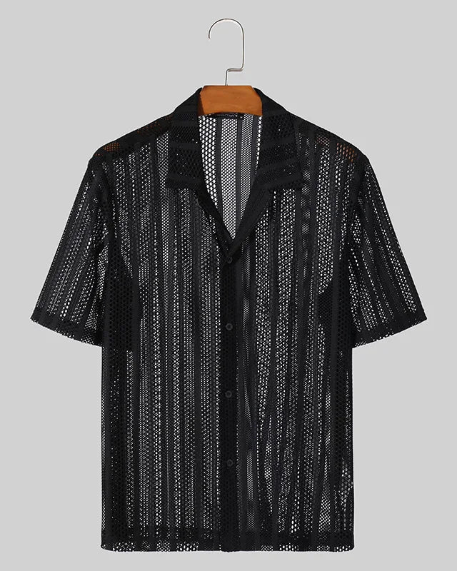 IBIZA - Mesh Knit See Through Shirt featuring a trendy black mesh design, perfect for festivals.