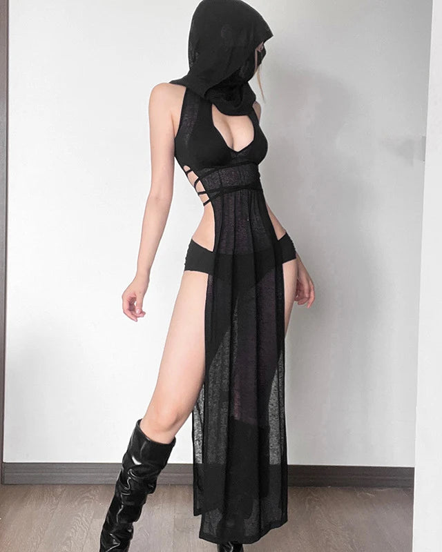 Black Knitted Hooded Long Dress on model, showcasing sleek fit, hood, and stylish cutouts.