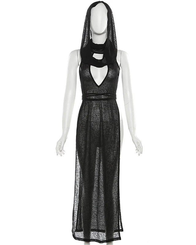 Black Knitted Hooded Long Dress with a sleek silhouette and soft knitted fabric, featuring a statement hood.