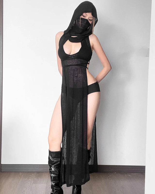 Black Knitted Hooded Long Dress with a sleek cut, body-hugging fit, and statement hood for an edgy look.