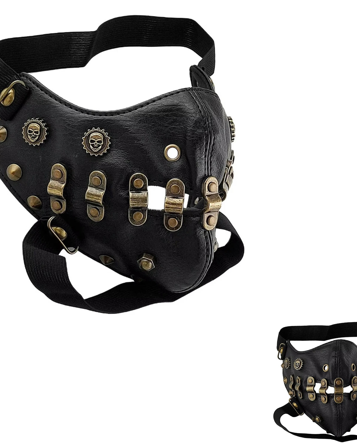 gros plan sur un masque facial steampunk en cuir noir avec des clous décoratifs et des sangles réglables