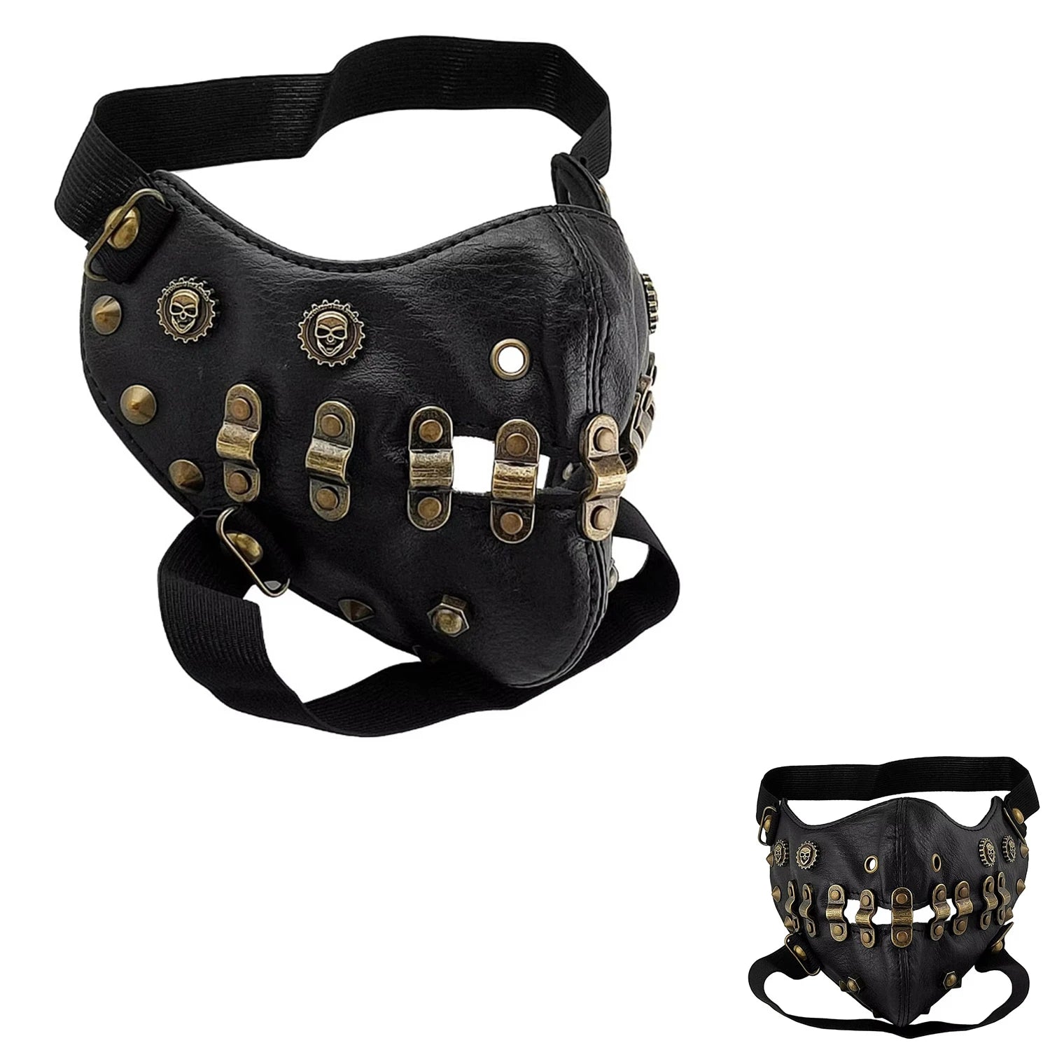close-up zwart leren steampunk gezichtsmasker met sierlijke klinknagels en verstelbare bandjes
