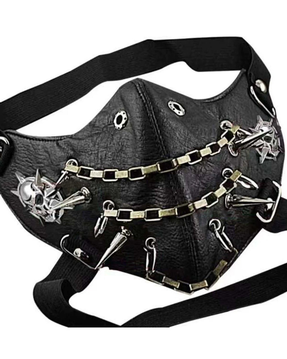 masque facial steampunk en cuir gros plan avec chaînes et détails métalliques de couleur noire